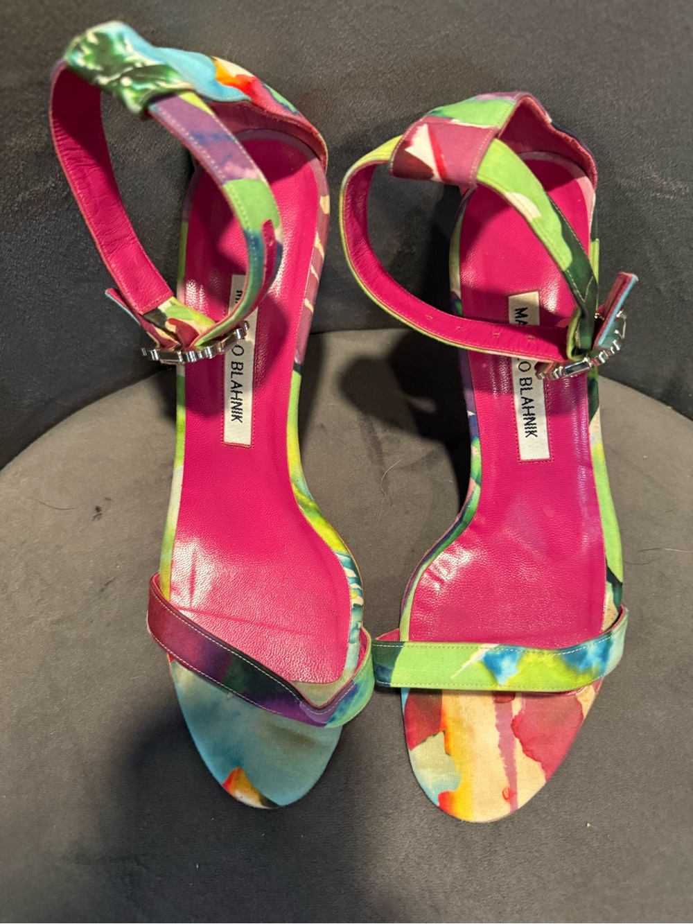 Manolo Blahnik Multicolor Satin Ankle-Strap Sandals with Pink Footbed - Picture 4 of 13